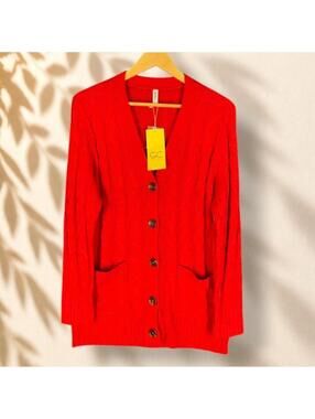 New Grecerelle Cardigan Women L Large Red Button Up V-Neck Cable Knit Pockets